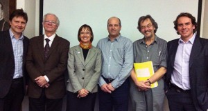Patrick Cossette, Serge Rossignol, Hélène Boisjoly, Jean-Claude Lacaille, Trevor Drew et Alexandre Prat, membres du groupe de travail sur la création du Département de neurosciences. Membres du groupe, mais absents sur la photo: Lionel Carmant et Daniel Bourbonnais.